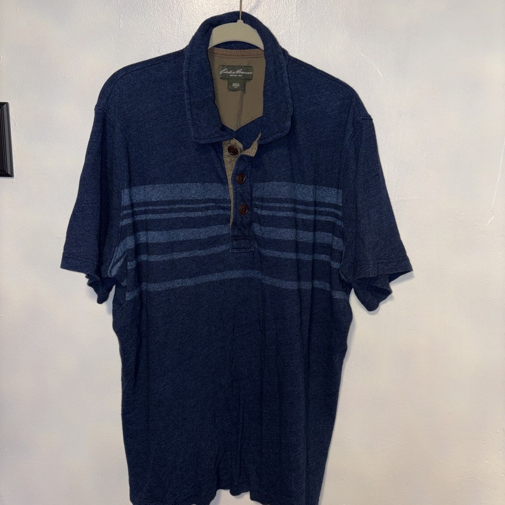 Eddie Bauer Polo Shirt Mens TXL Tall Blue Striped Short Sleeve Cotton